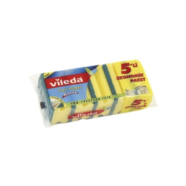 Vileda Oluklu Hijyenik Bulaşık Süngeri, Tırnak Koruyuculu, 5'li Ekonomik Paket, Yeşil
