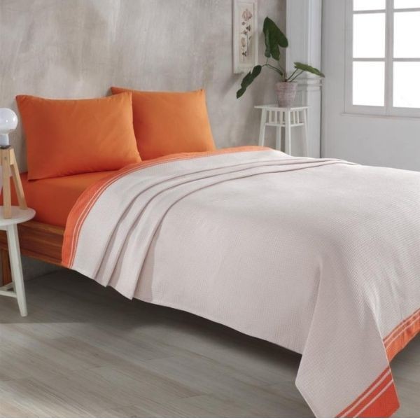 Gökyüzü Elegant Bordürlü Pike Turuncu-Beyaz (Tek Kişilik)