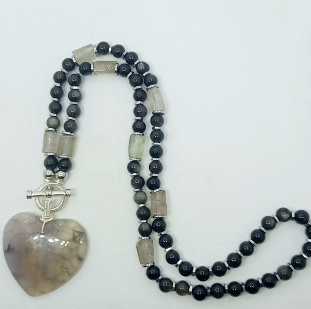 Sibelce 1899 Kalp Akik gümüş Obsidyen El Yapımı Kolye