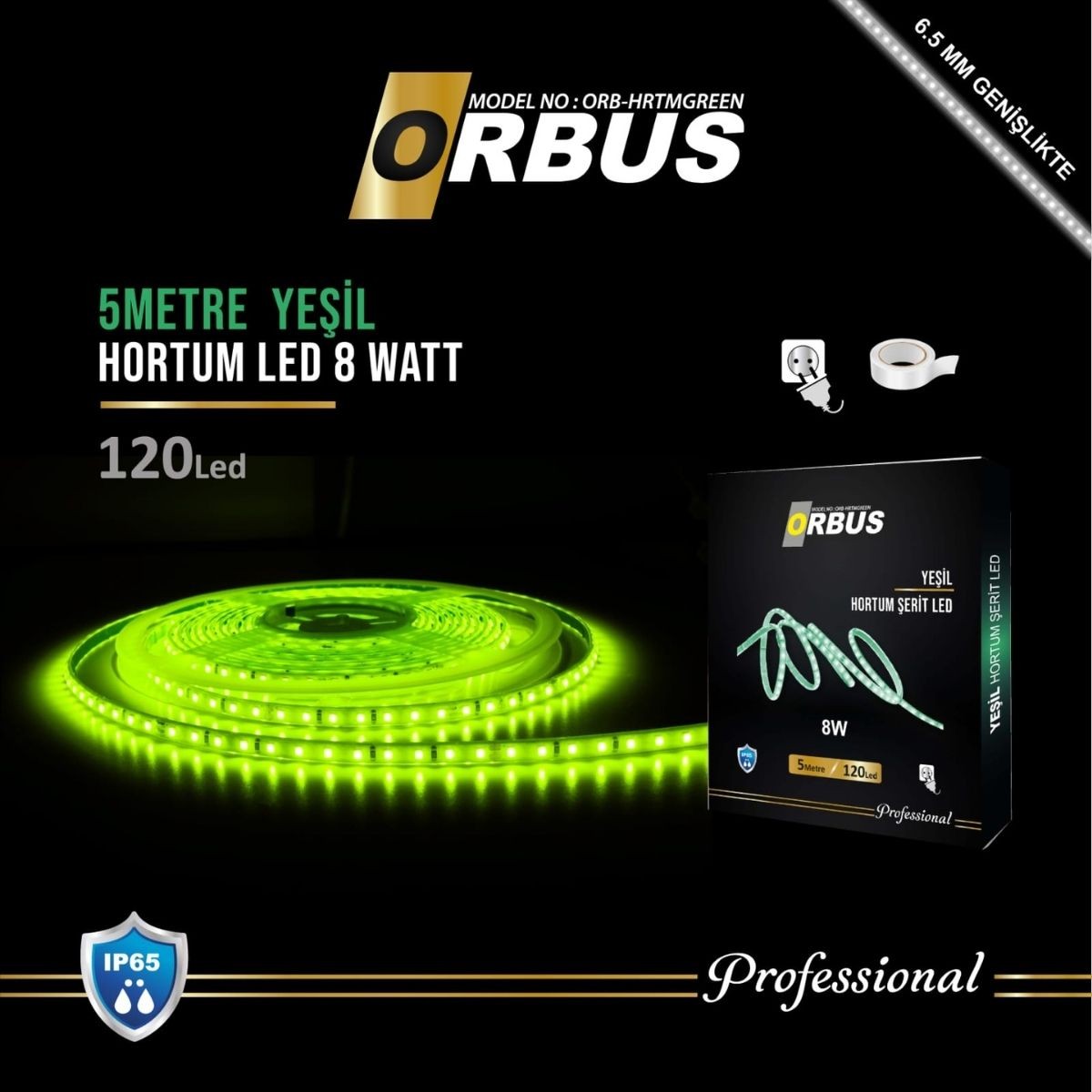 Orbus YEŞİL Hortum Şerit Led 8w 800 Lümen 220 Volt Fiş - 5 Metre