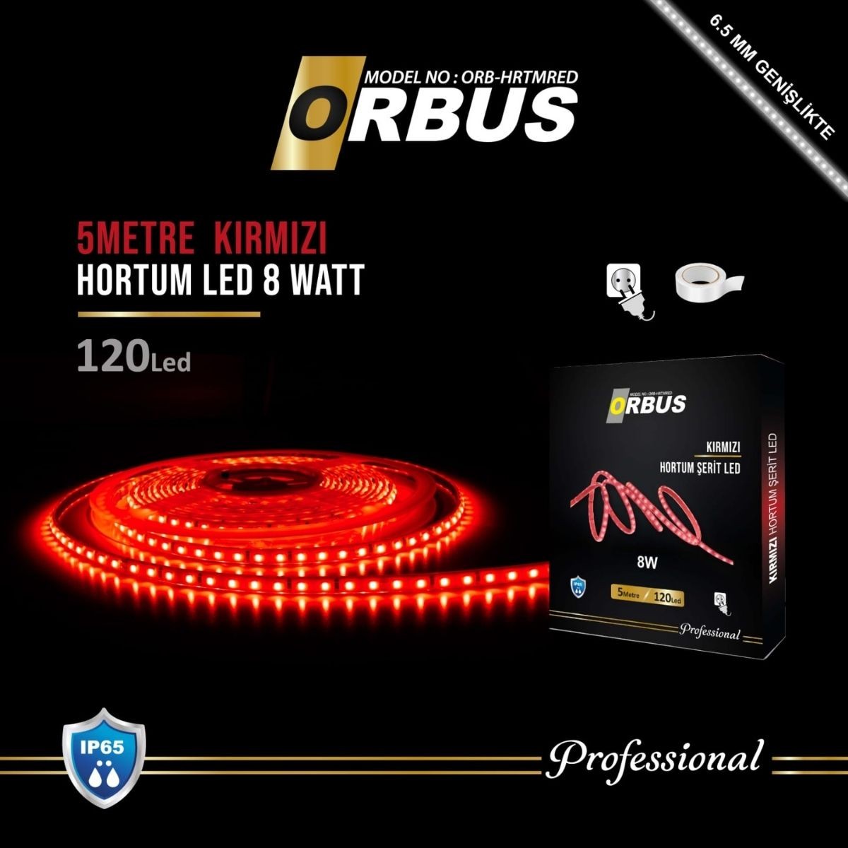 Orbus Kırmızı Hortum Şerit Led 8W 800 Lümen + 220 Volt Fiş - 5 Metre
