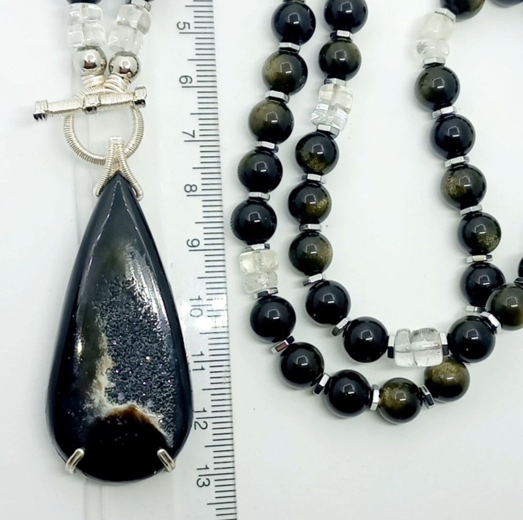 Sibelce 2114 Druze Akik Obsidyen Kristal Kuvars El Yapımı Kolye