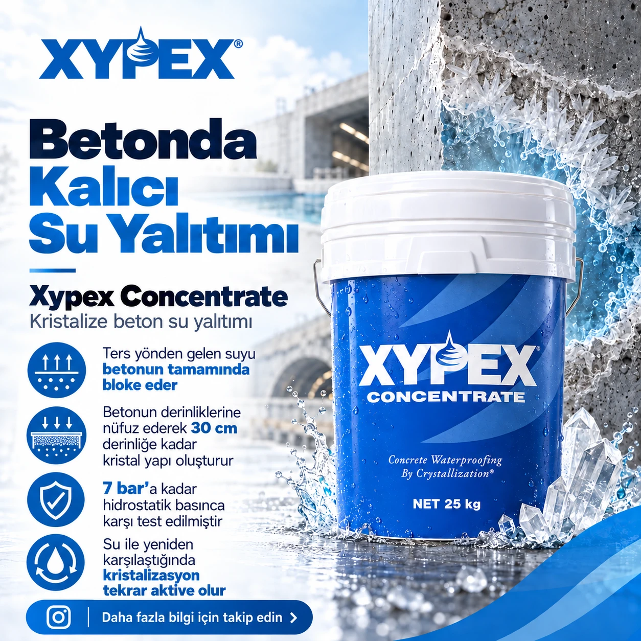 Xypex Concentrate Crystalline Negatif Su Yalıtım Ürünü 25 Kg