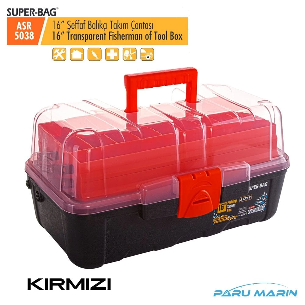 Super Bag Asr-5038 16'' Şeffaf Kapaklı Balıkçı Takım Çantası Kirmizi