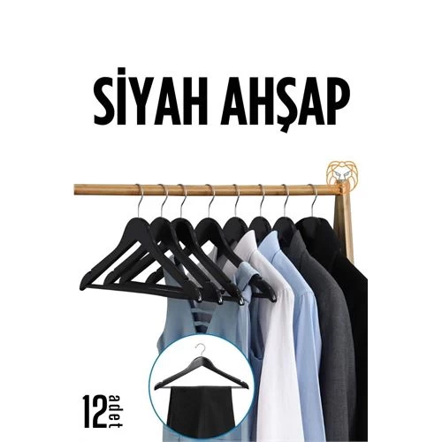 Modacar Siyah Ahşap Elbise Askısı 12 Adet Montague Design