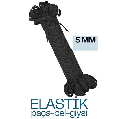 Modacar 40 Metre  Yassı Bel Paça Giysi Lastiği 5 Mm Sİyah 720666 Toptan Paket