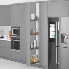 Starax S-2919-C Çift Açılım Gizli Raylı 4 Sepetli Ahşap Tabanlı Şişelik Sol Krom 106 × 450 × 1650 mm 15 cm