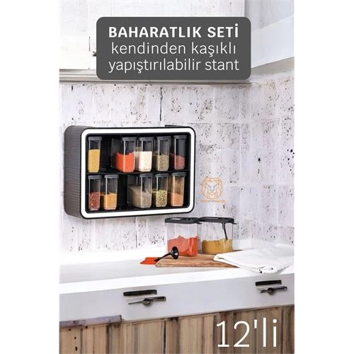 Modacar  Baharatlık Takımı 12'li Standlı Kendinden Yapışkanlı Kaşıklıbaharatlık Seti Siyah