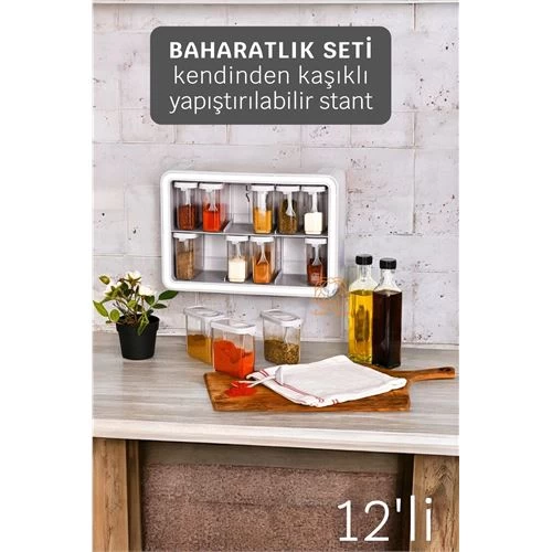 Modacar  Baharatlık Takımı 12'li Standlı Kendinden Yapışkanlı Kaşıklıbaharatlık Seti Beyaz