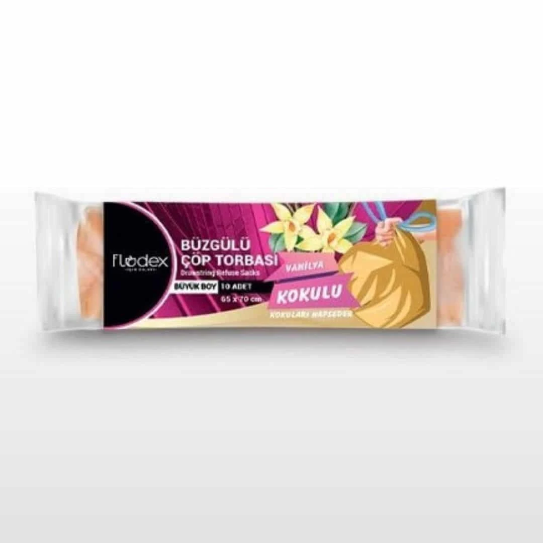Flodex Büzgülü Çöp Torbası Vanilya Kokulu Büyük Boy 65x70 Cm 10'lu Paket
