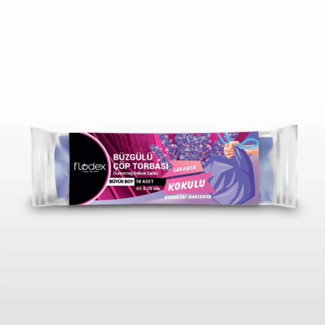 Flodex Büzgülü Çöp Torbası Lavanta Büyük Boy 65x70 Cm 10'lu Paket