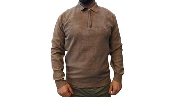 Yarım Fermuar Polo Yaka Waffle Desen Erkek Sweatshırt - Renk: Kahve, Beden: Xlarge