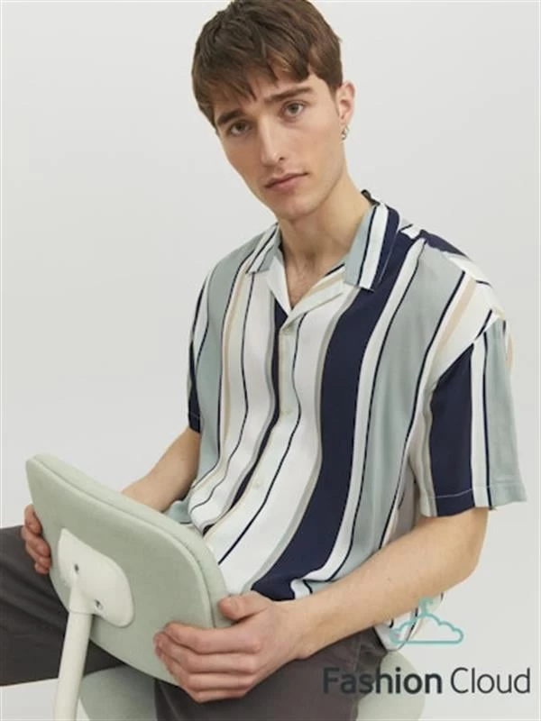 Jack & Jones Çizgili Kısa Kollu Apaş Yaka Erkek Gömlek - Slate Gray X S Beden