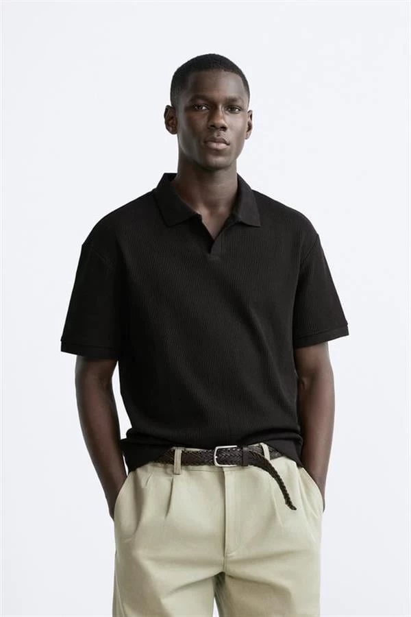 Jack & Jones V Yaka Waffle Polo Yaka Erkek T-Shirt - Siyah M Beden