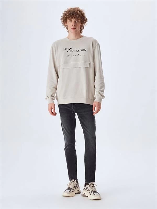 Önü Desenli Oversıze 2 İplik Sweat - Renk: Bej, Beden: Xxlarge