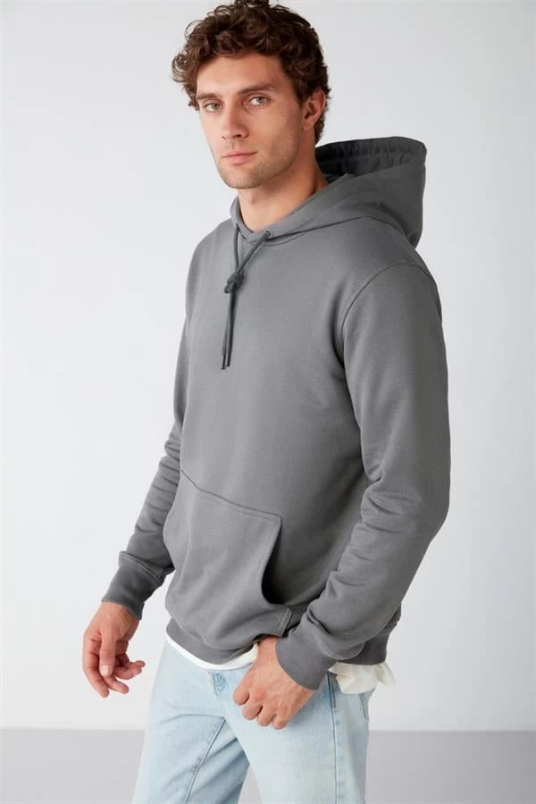 Kapüşonlu Üç İplik Düz Sweatshirt - Renk: Antrasit, Beden: Medium