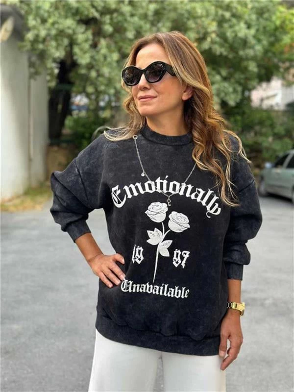 Quzu Baskılı Oversıze Kadın Sweatshirt - Renk: Antrasit, Beden: Large