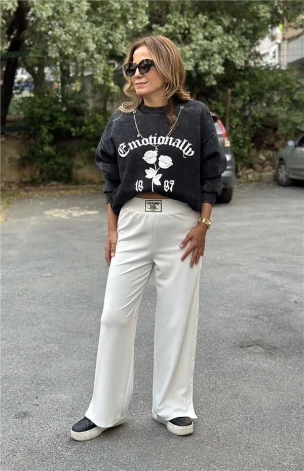Quzu Baskılı Oversıze Kadın Sweatshirt - Renk: Antrasit, Beden: Medium