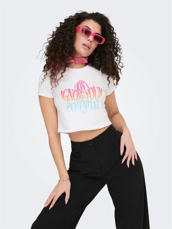 Only Baskılı Bisiklet Yaka Crop T-Shirt - Beyaz XL Beden