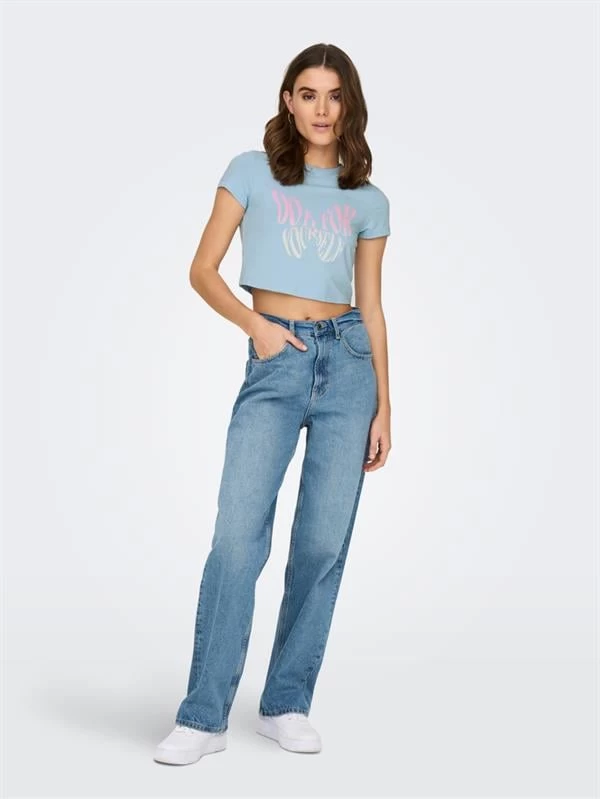 Only Baskılı Bisiklet Yaka Crop T-Shirt - Mavi S Beden