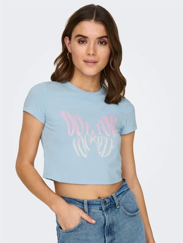 Only Baskılı Bisiklet Yaka Crop T-Shirt - Mavi S Beden