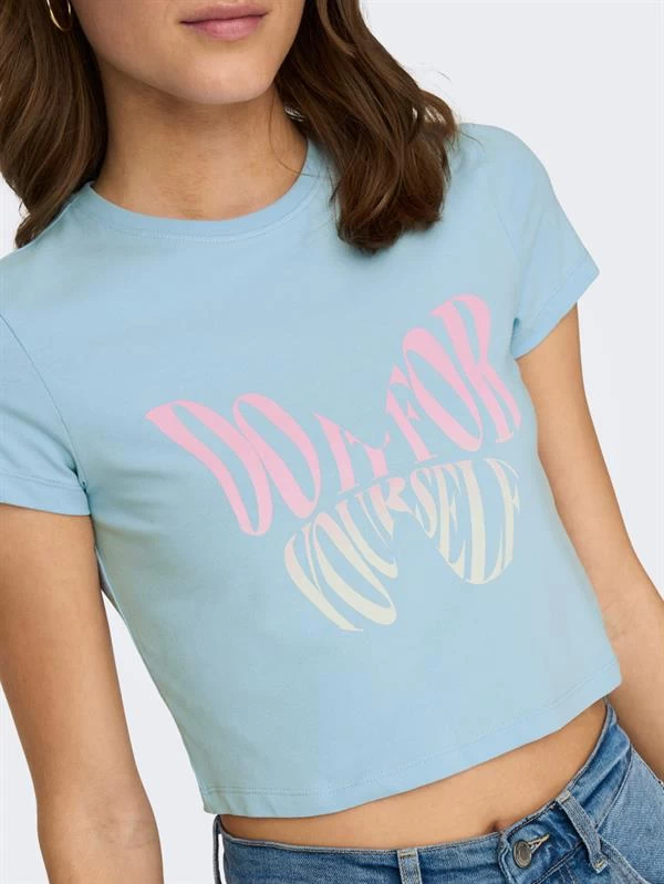 Only Baskılı Bisiklet Yaka Crop T-Shirt - Mavi M Beden