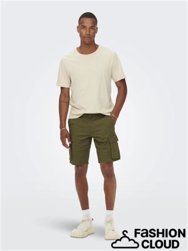 Only & Sons Normal Kesim Likralı Gabardin Kargo Şort - Yeşil XL Beden