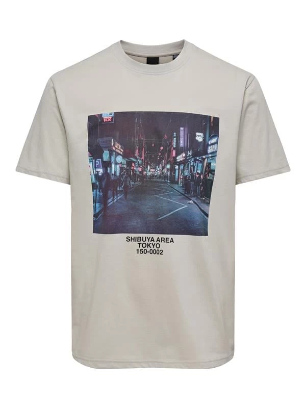 Only & Sons Baskılı Erkek T-Shirt - Bej M Beden