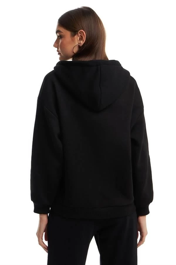 Kapüşonlu Fermuarlı Sweatshirt Hırka - Renk: Siyah, Beden: Large
