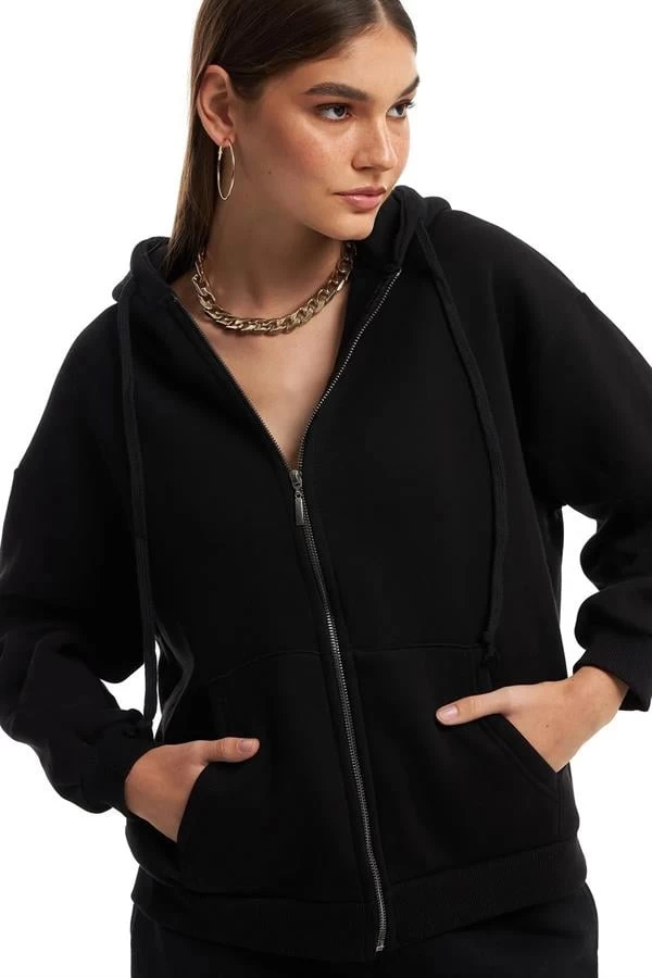 Kapüşonlu Fermuarlı Sweatshirt Hırka - Renk: Siyah, Beden: Large