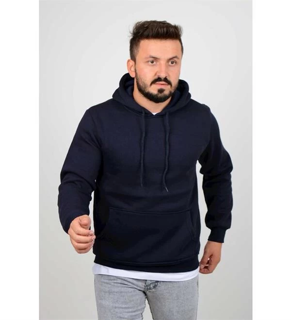 Kapüşonlu Üç İplik Düz Sweatshirt Lacivert - Renk: Lacivert, Beden: Large