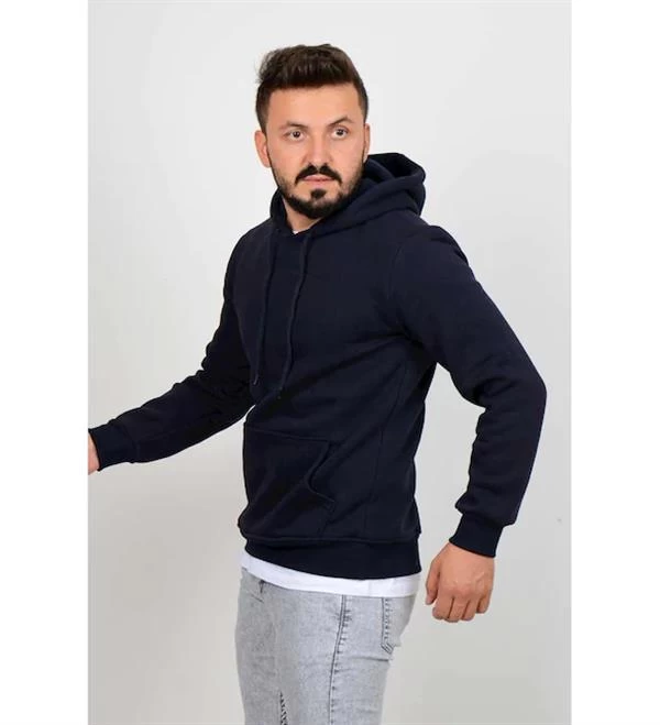 Kapüşonlu Üç İplik Düz Sweatshirt Lacivert - Renk: Lacivert, Beden: Large