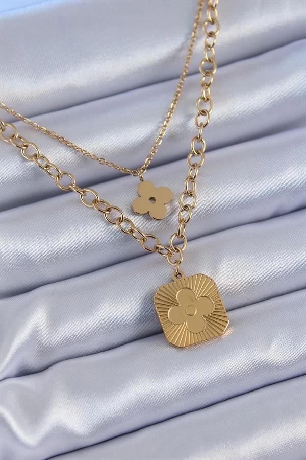 316l Çelik Gold Renk 2'li Zincir Yonca Model Kadın Kolye
