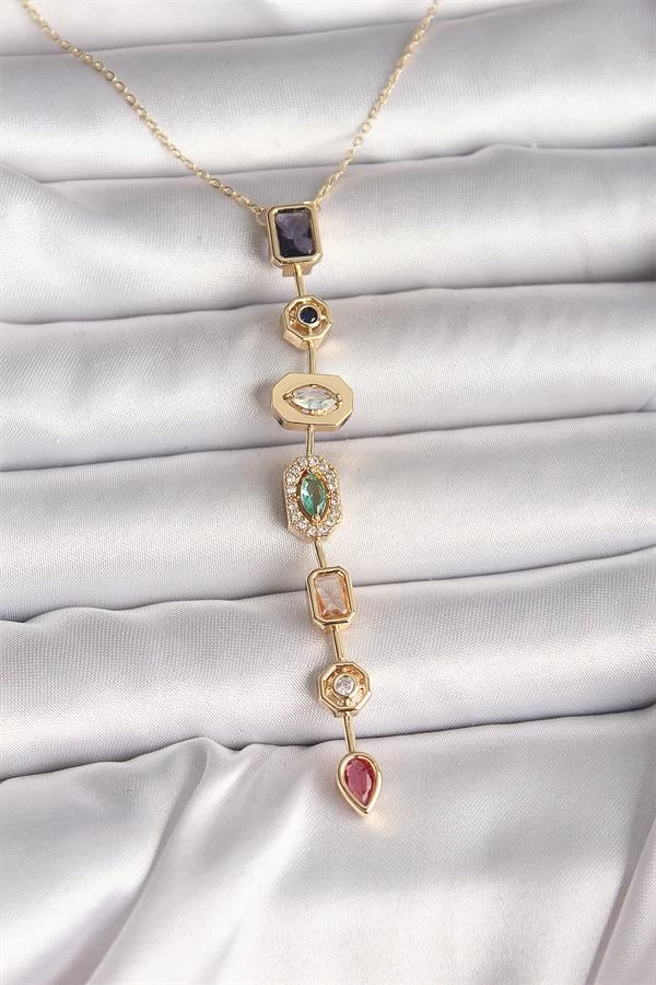 Pirinç Gold Renk Zirkon Taşlı Baget Dekolte Model Kadın Kolye