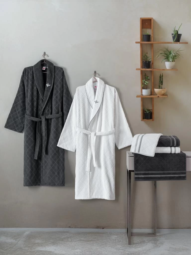 Cotton Box Masculine Aile Bornoz Seti Carlos Beyaz-antrasit