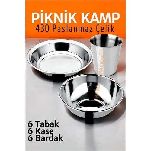 Modacar Paslanmaz Çelik Tabak Kase Bardak Seti Kamp Piknik Seti 18 Adet