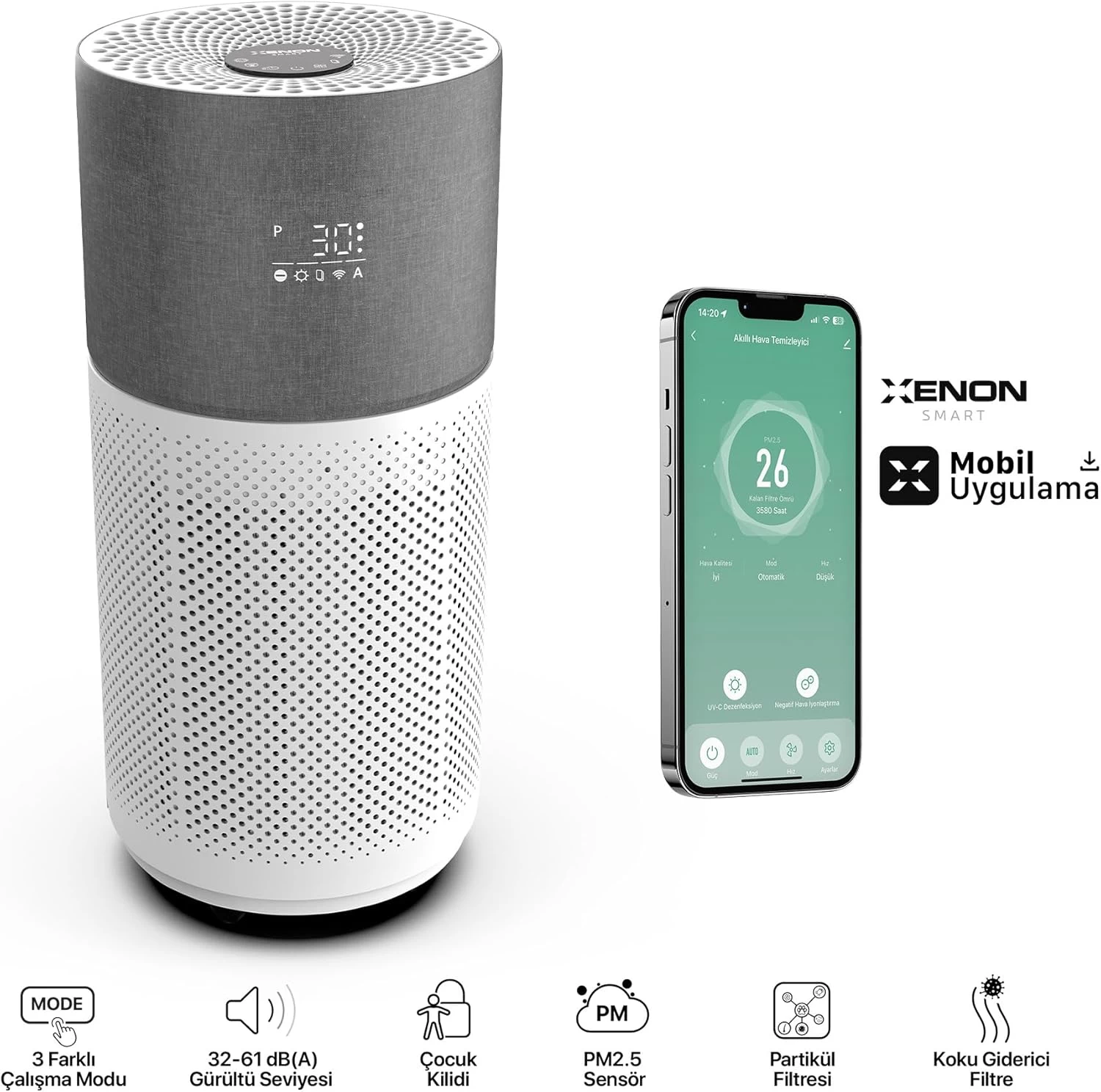 Xenon Smart X7420 M0 Akilli Hava Temizleyici Gri