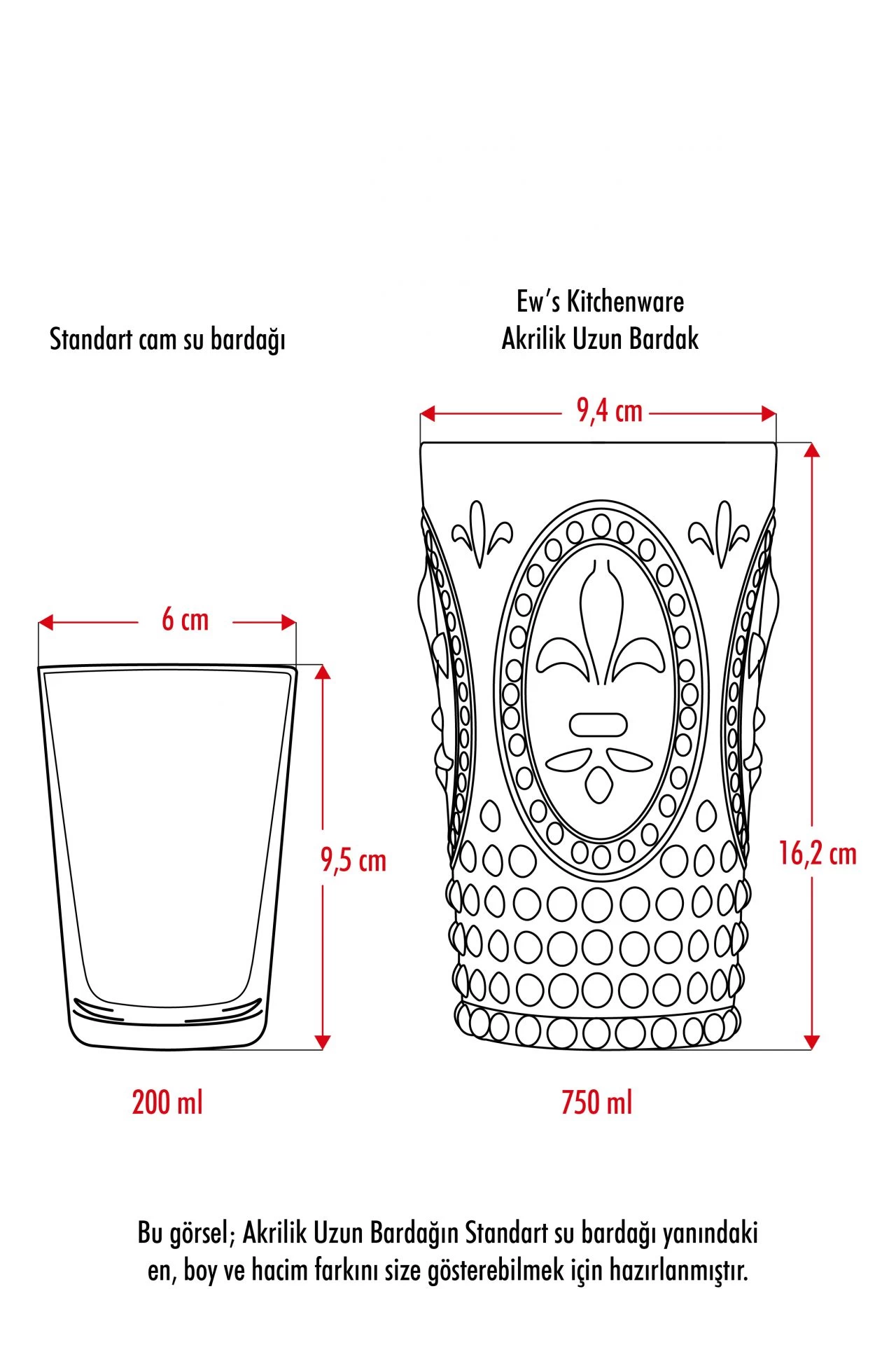 Akrilik Kırmızı 6'lı Uzun Bardak & Su Meşrubat Bardağı 750 Ml ( Büyük Boy & Cam Değildir )