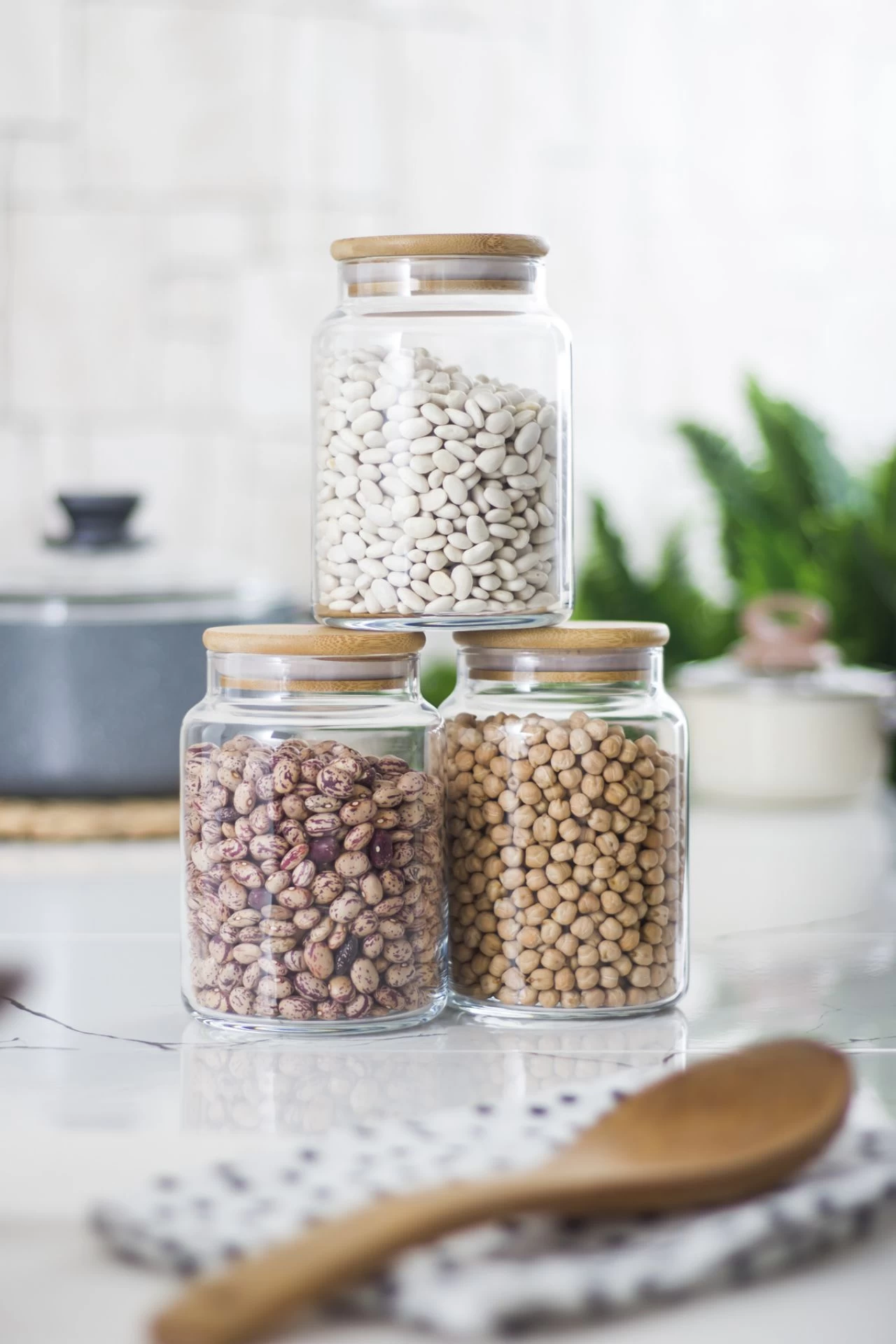 3 Lü Set Bambu Kapaklı Cam Kavanoz & Erzak Saklama Kabı 800 Ml Orta  Boy ( Vakum Kapak )