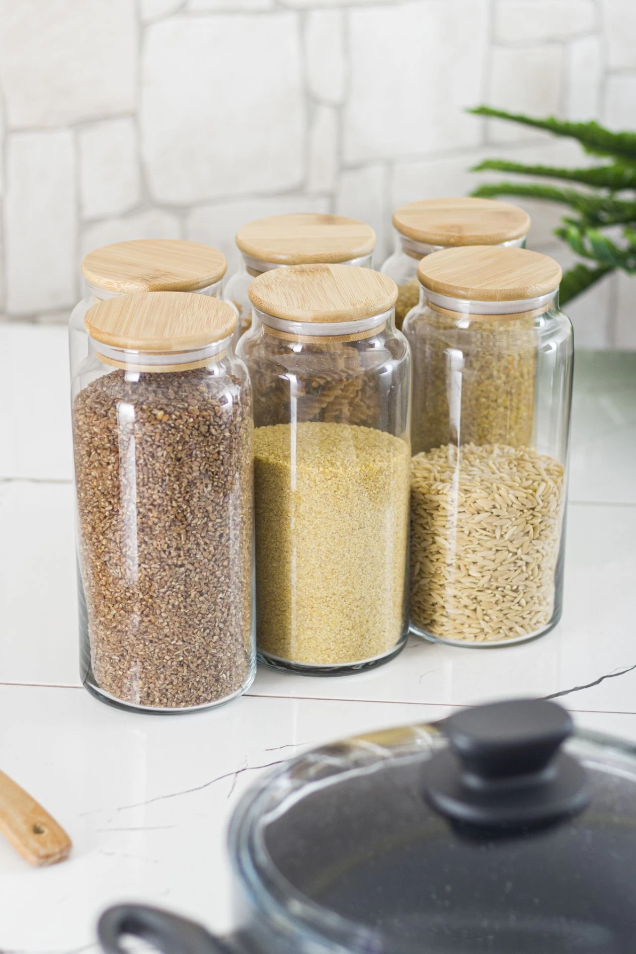 6 Lı Set Bambu Kapaklı Cam Kavanoz & Erzak Saklama Kabı 1.300 Ml Büyük Boy ( Vakum Kapak )