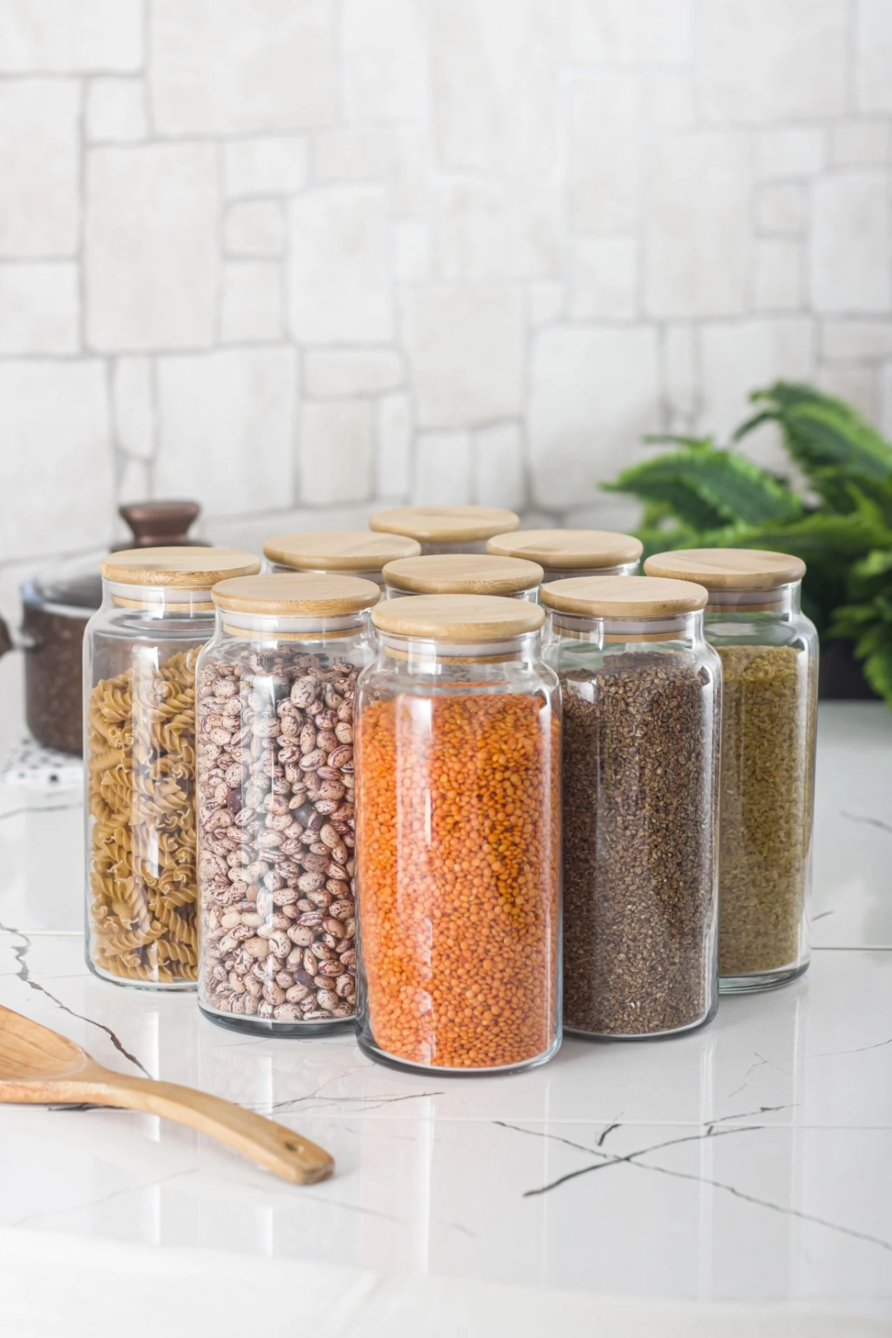 9 Lu Set Bambu Kapaklı Cam Kavanoz & Erzak Saklama Kabı 1.300 Ml Büyük Boy ( Vakum Kapak )