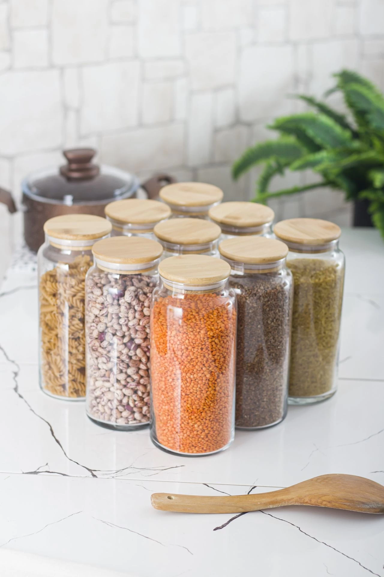 9 Lu Set Bambu Kapaklı Cam Kavanoz & Erzak Saklama Kabı 1.300 Ml Büyük Boy ( Vakum Kapak )