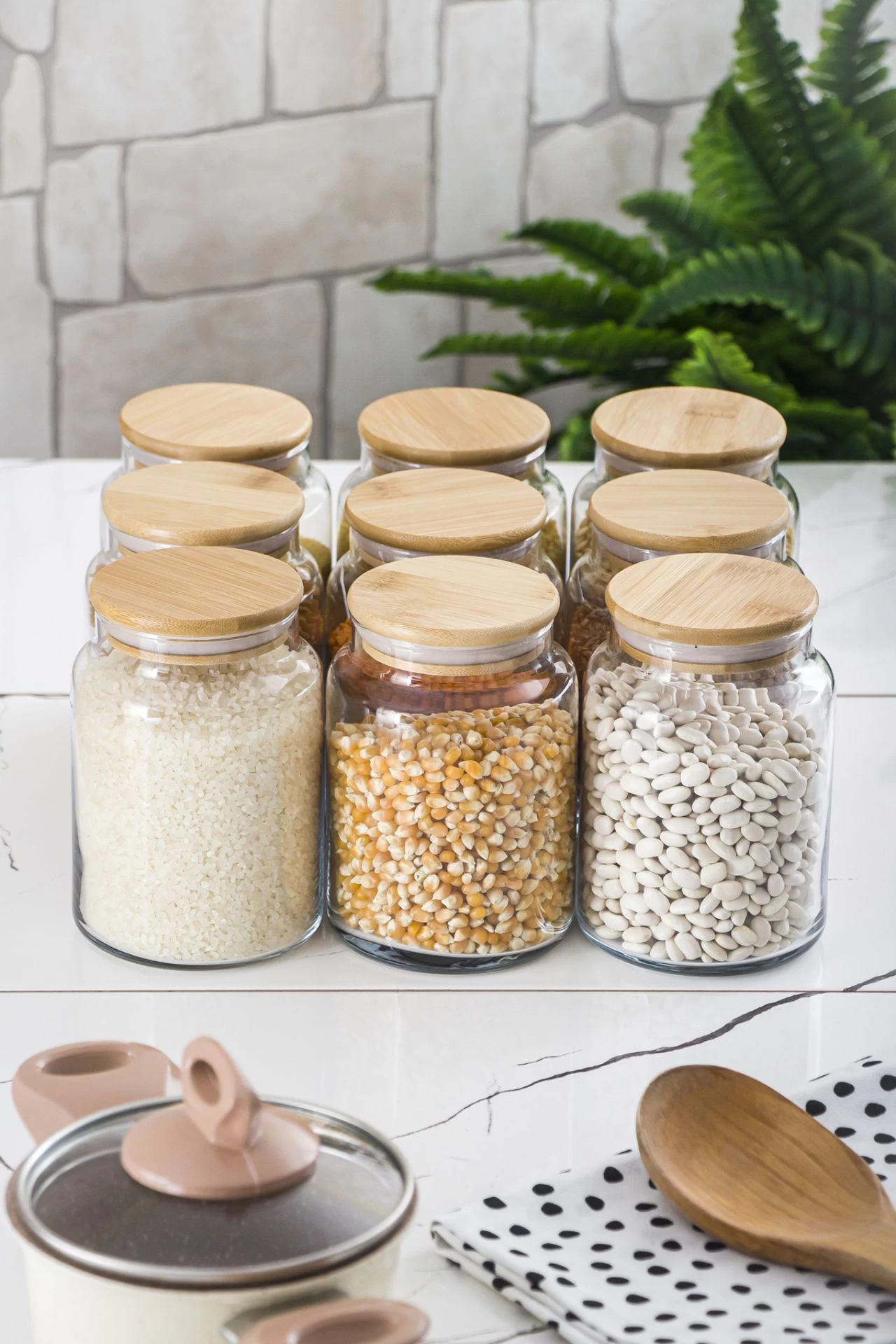 9 Lu Set Bambu Kapaklı Cam Kavanoz & Erzak Saklama Kabı 800 Ml Orta  Boy ( Vakum Kapak )