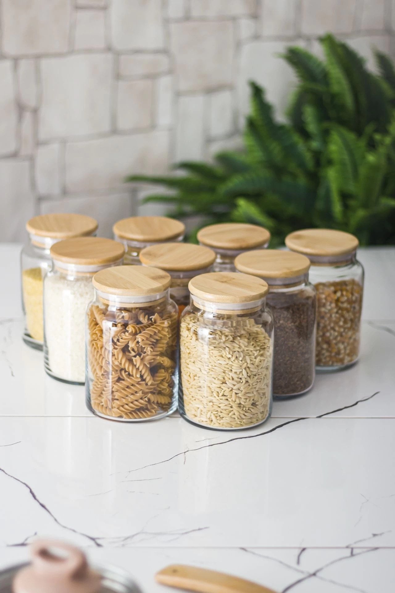 9 Lu Set Bambu Kapaklı Cam Kavanoz & Erzak Saklama Kabı 800 Ml Orta  Boy ( Vakum Kapak )
