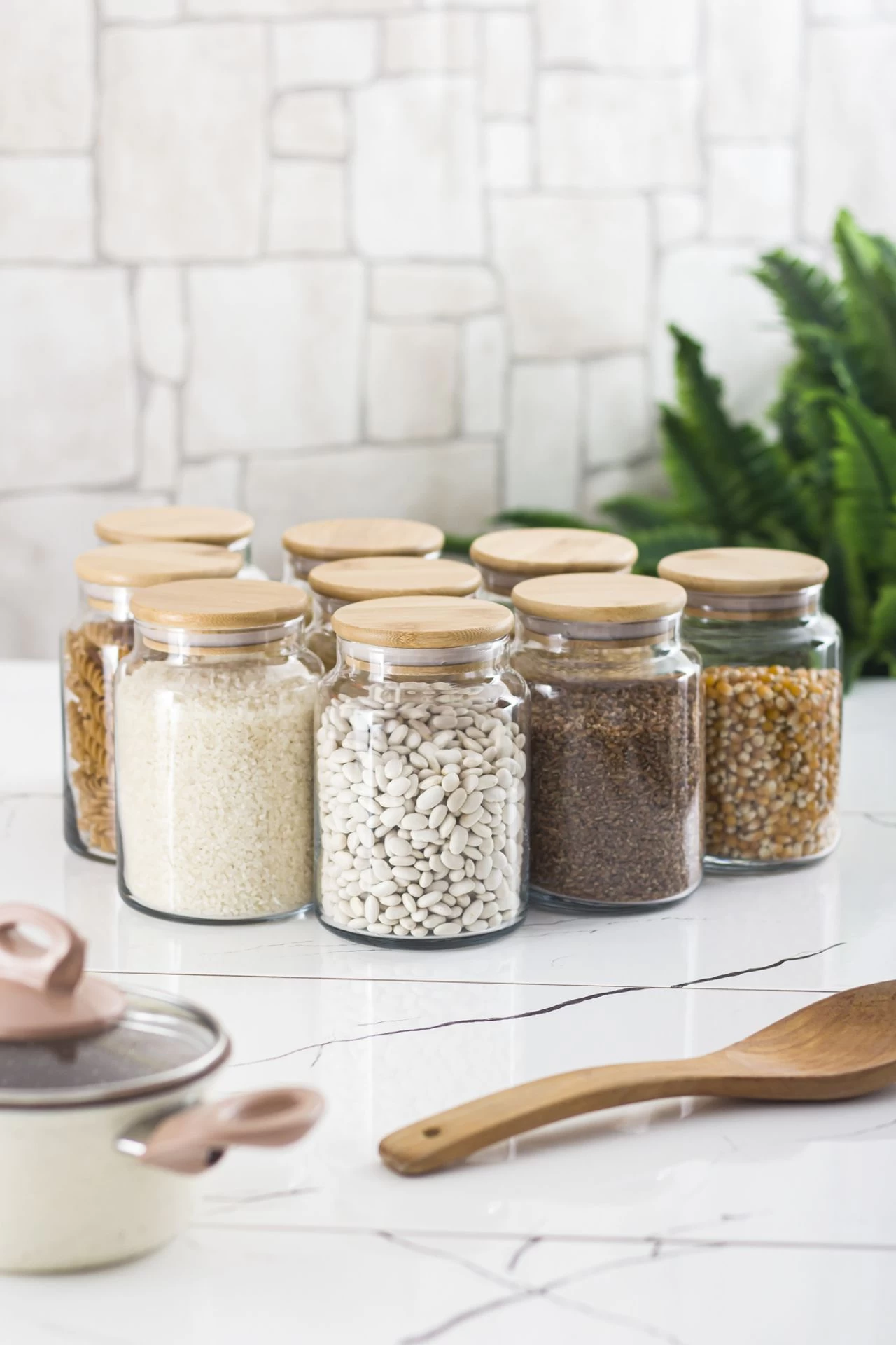9 Lu Set Bambu Kapaklı Cam Kavanoz & Erzak Saklama Kabı 800 Ml Orta  Boy ( Vakum Kapak )