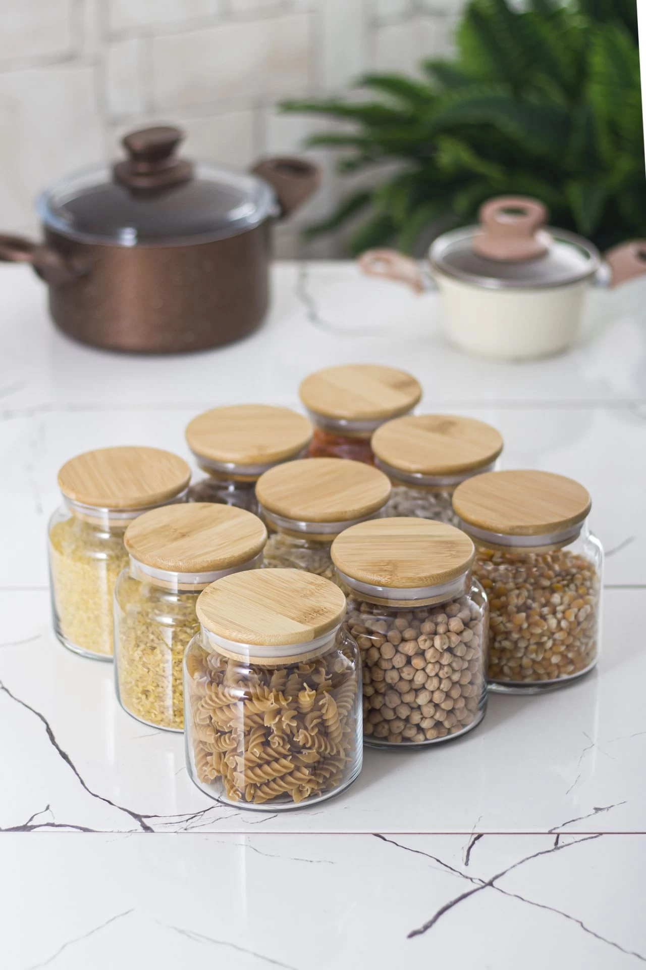 9 Lu Set Bambu Kapaklı Cam Kavanoz & Erzak Saklama Kabı 500 Ml Küçük  Boy ( Vakum Kapak )
