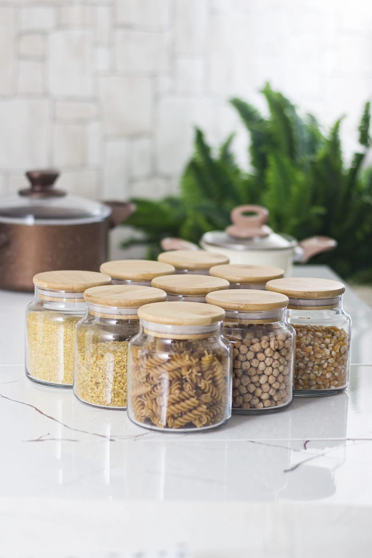 9 Lu Set Bambu Kapaklı Cam Kavanoz & Erzak Saklama Kabı 500 Ml Küçük  Boy ( Vakum Kapak )