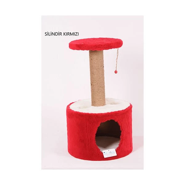 Cat Hause Y02 Silindir Yuvalı Ve Tablalı Kedi Tırmalama Evi Kırmızı 72 Cm