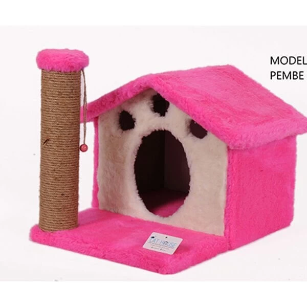 Cat Hause Y01 Ev Şeklinde Yuvalı Ve Yataklı Kedi Tırmalama Evi Pembe 45 Cm