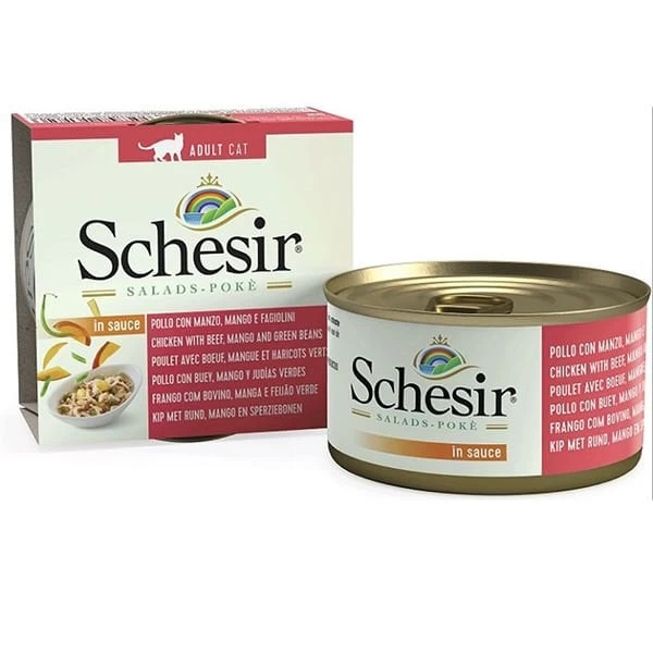 Schesir Salad Tavuk Sığır Eti Ve Mangolu Yetişkin Konserve Kedi Maması 85 Gr